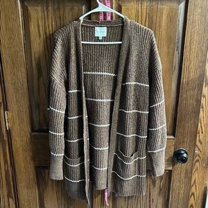 Pink Rose Brown and White Striped Knit Cardigan